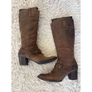 Born W62173 Brown Leather Tall Harness Boots Studded Block Heel Womens 9.5 41